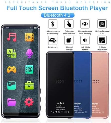 Bluetooth4.2 ile Rosymity Taşınabilir MP3 Çalar, 3.5 İnç Tam Dokunmatik Ekran Dahili Hoparlör, Yüksek Çözünürlük, FM Radyo ile