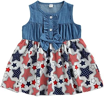 Wrrkayly Toddler Bebek Kız Elbise Fırfır Kolsuz Amerikan Bayrağı Denim Tutu Elbise A-line Etek Prenses Sundress