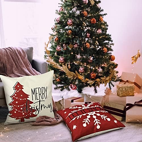 VİİVY VİYİV Kırmızı Noel Yastık Kapakları 18x18 Set 4 Çiftlik Evi Noel Süslemeleri Merry Tree Let It Kar Kış Atmak Yastık Kapakları