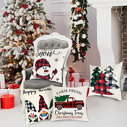 Ouddy 4 Paket Noel Yastık Kapakları 18x18, Kırmızı ve Siyah Kardan Adam Buffalo Ekose Noel Atmak Yastıklar Kılıfları Açık, keten