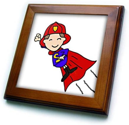 3dRose Sevimli Komik İtfaiyeci Uçan Süper Kahraman Karikatür İtfaiyeciler-Çerçeveli Fayans (ft_352163_1)