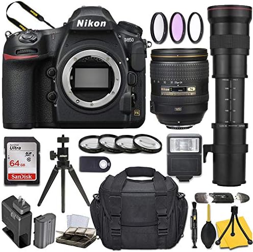 Nikon D850 DSLR Kamera ile AF-S NIKKOR 24-120mm f / 4G ED VR + 420-800mm Telefoto zoom objektifi ve Temel Seyahat Kiti