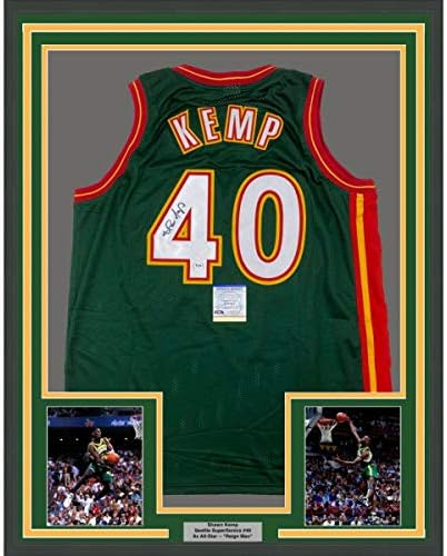 Çerçeveli İmzalı / İmzalı Shawn Kemp 33x42 Seattle Koyu Yeşil Basketbol Forması PSA / DNA COA