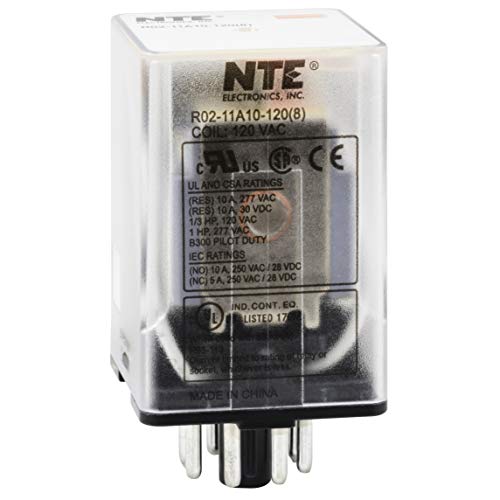 NTE Electronics R02-11A10-120 R02 Serisi Genel Amaçlı Çok Kontaklı AC Röle, DPDT Kontak Düzeni, 10 Amp, 8 Pin Sekizli Fiş, 120