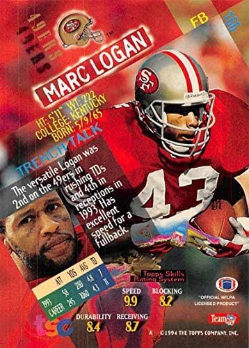 1994 Stadyum Kulübü Süper Takımlar Super Bowl Futbol 166 Marc Logan San Francisco 49ers Topps'den Resmi NFL Ticaret Kartı