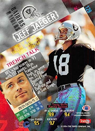 1994 Stadyum Kulübü Süper Takımlar Super Bowl Futbol 128 Jeff Jaeger Los Angeles Raiders Topps'den Resmi NFL Ticaret Kartı