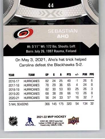 2021-22 Üst Güverte MVP Gümüş Senaryo 44 Sebastian Aho Carolina Hurricanes Resmi NHL Hokey Kartı Ham (NM veya Daha iyi) Durumda
