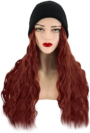 Bere Şapka Örgü Uzun Dalgalı Kıvırcık saç ekleme Peruk Sıcak Örme Pom Kap Ekli 28 inç Sentetik Postiş Kadınlar için