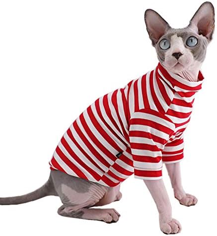 Sphynx Tüysüz Kedi Kırmızı Şerit Nefes Yaz Pamuk T-Shirt Pet Giysi, Yuvarlak Yaka Yelek Yavru Gömlek Kolsuz, Kediler ve Küçük