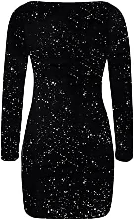 HHHG Bayan Parti Elbise, Moda Glitter Bölünmüş Hems Kontrast Örgü Elbise Derin V Boyun Uzun Kollu Akşam Gelinlik