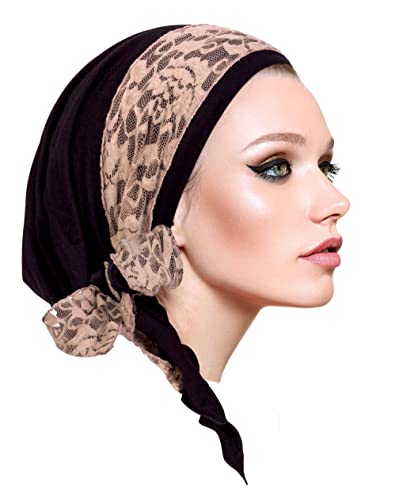 Vintage krem dantel şal ile kadınlar için Boho chic uzun siyah başörtüsü tichel şapkalar! El yapımı ShariRose-076