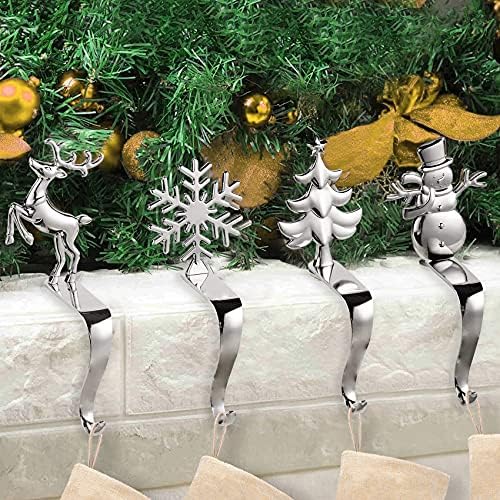 ElegantPark Stocking Sahipleri için Manto 4 Set Gümüş Noel Stocking Tutucu Kaymaz Stocking Askı Şömine Noel Stocking Hooks Noel