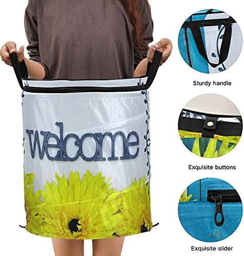 Hoşgeldiniz Ev Çiçek Pop Up Çamaşır Sepeti Kapaklı Katlanabilir Çamaşır Sepeti Saplı Katlanabilir Depolama Sepeti Kirli Giysiler