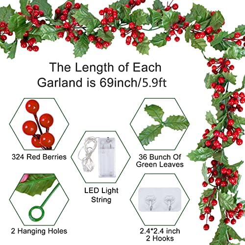 5.9 FT Kırmızı Berry Noel çelenk ışıkları ile, yapay çelenk noel süslemeleri ile 20 sıcak LED ışıkları ve yeşil yapraklar için