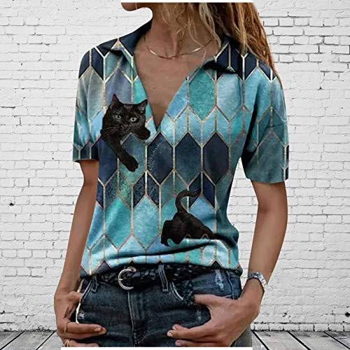 YSLMNOR Kedi Baskılı Üstleri Bayan Kedi Patchwork T Shirt Yaka Yaka Bluzlar Kısa Kollu Kazak