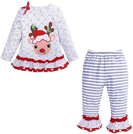 Bebek Kız Noel Fırfır Pantolon Set Uzun Kollu Geyik Tops + Şerit Flare Pantolon Kıyafetler
