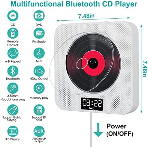 Taşınabilir Bluetooth CD Çalar,Uzaktan Kumandalı Duvara Monte CD/DVD Oynatıcı, FM Radyo Dahili HiFi Hoparlörler LCD Ekran, USB