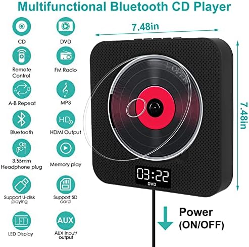 Taşınabilir Bluetooth CD Çalar,Uzaktan Kumandalı Duvara Monte CD/DVD Oynatıcı, FM Radyo Dahili HiFi Hoparlörler LCD Ekran, Destek