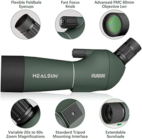 HEALSUN 20-60x60 Spotting Kapsam Taşıma Çantası ile, Tripod ve Smartphone Adaptörü - MYK Lens ve BAK4 45 Derece Açılı Mercek