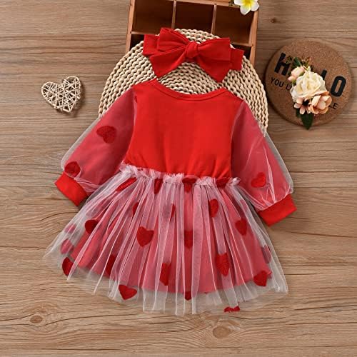 Bebek Yürüyor Bebek Kız Sevgililer Günü Kıyafet Giyim Uzun Kollu Kalp Baskı Prenses Tutu Kırmızı Elbise + Kafa Bandı