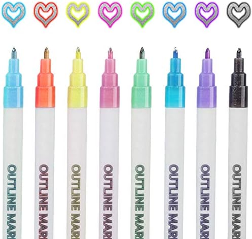 Çift Hat Anahat Kalem, Öz-Anahat Metalik İşaretleyiciler, 8 Renkler Bullet Dergisi Kalemler ve Glitter Kalemler için Kart Yapımı,