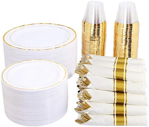WELLİFE 350 Adet Gül Altın Plastik Yemek Takımı, 50 Misafir Gül Altın gümüş ve Bardaklı Tek Kullanımlık Tabaklar 10 OZ, Gül Altın