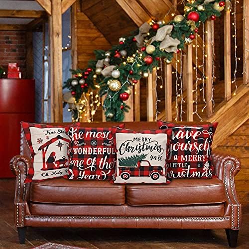 Holicolor Noel Yastık Kapakları 18x18 İnç 4 Set Noel Süslemeleri Çiftlik Buffalo Kontrol Ekose Tatil Keten Yastık Kılıfı için