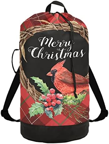 Kırmızı Ekose Noel Kuşlar Çamaşır Torbası Sırt Çantası Ağır çamaşır torbası Omuz Askıları ile Seyahat çamaşır Torbası Katlanabilir