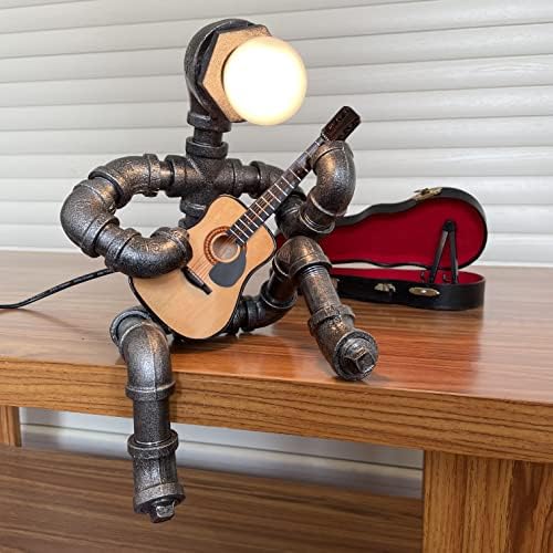 Steampunk Tarzı Masa Lambası-Gitar Çalar, Endüstriyel Vintage Metal Robot Boru Masa Lambası, Antik Sanat Siyah Gümüş Demir Boru