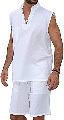 Burband Erkek Şort Setleri V Boyun Kolsuz Pamuk Keten Yoga Tankı Üstleri ve Şort Yaz Plaj 2 Parça Kıyafetler M-3XL