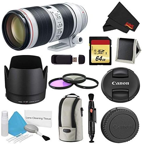 Canon EF 70-200mm f/2.8 L ıs III USM Lens Paketi w/ 64GB Hafıza Kartı + Aksesuarlar ve 3 Parça Filtre Kiti (Uluslararası Model)