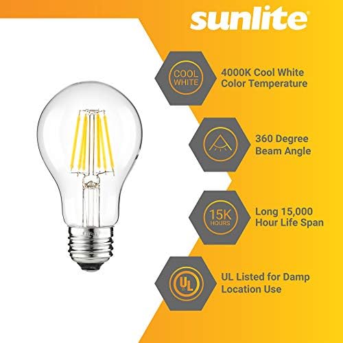 Sunlite 41081 LED Edison A19 Ampul 6 Watt (40W Eşdeğeri), 600 Lümen, Orta E26 Taban, Kısılabilir, Şeffaf Cam Filament, UL Listelenen,