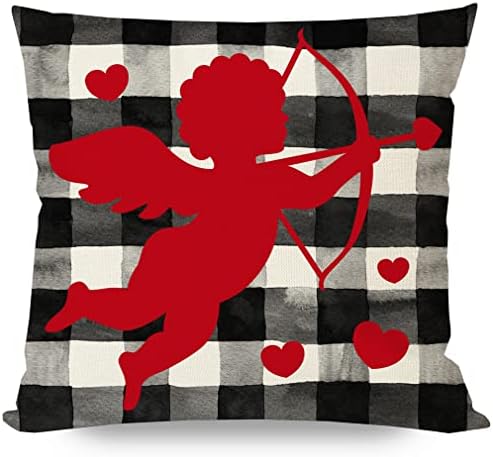 PANDİCORN Sevgililer Günü Yastık Kapakları 18x18 Sevgililer Günü Dekor için 4 Set, Merhaba Sevgililer Siyah Kırmızı Buffalo Ekose