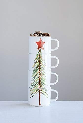 Noel Ağacı ve Kelimeler ile 4 İstifleme Tatil Kupa Seti-Dekoratif Sofra Kahve Fincanları